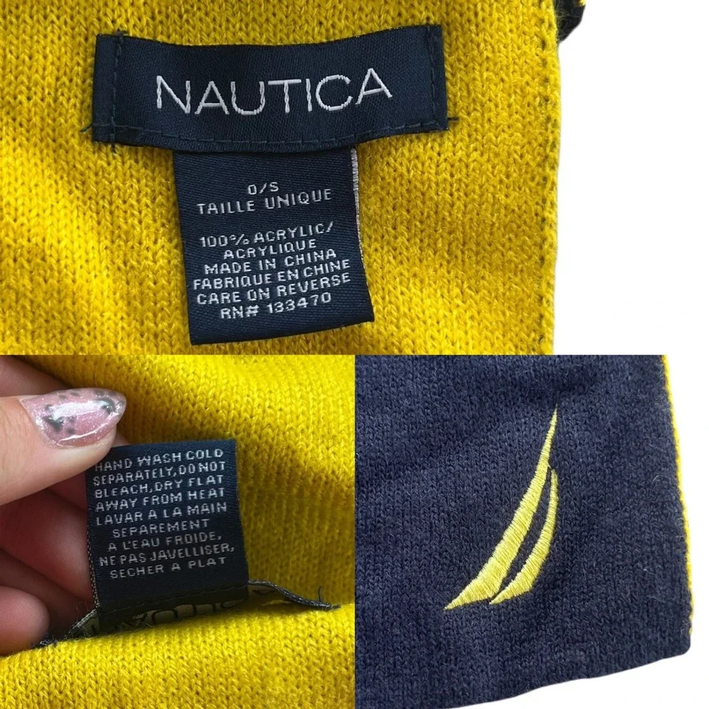 Nautica Signature Navy Blue Yellow Logo Reversible Knit Winter Scarf NT00038 Coz